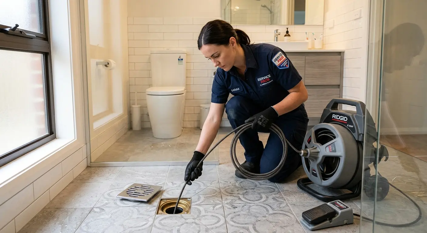 Technician clearing a bathroom floor drain for Sewer Line Replacement in Country Homes